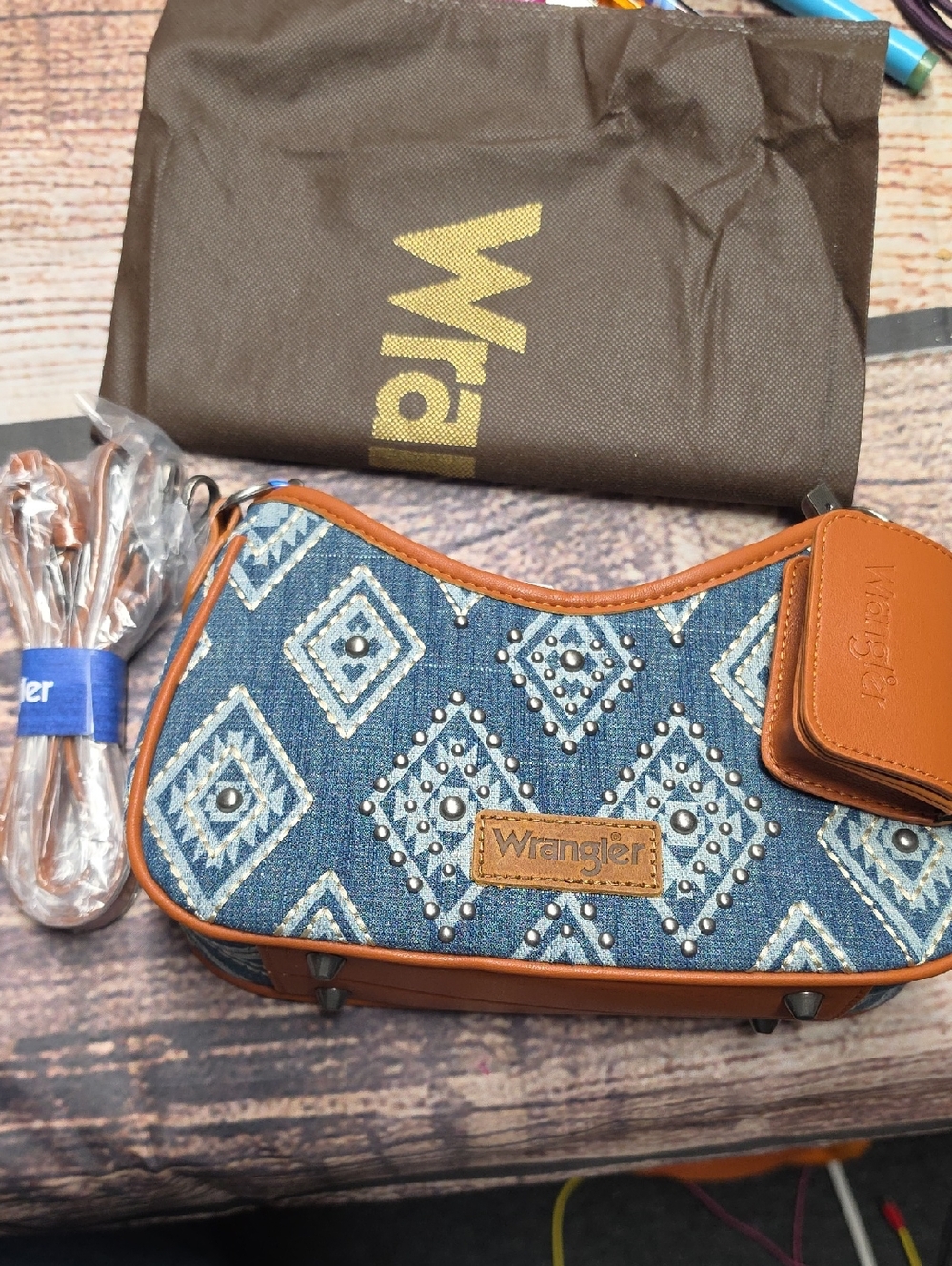 Wrangler Blue Aztec Denim Crossbody with Tan Trim and Studs
